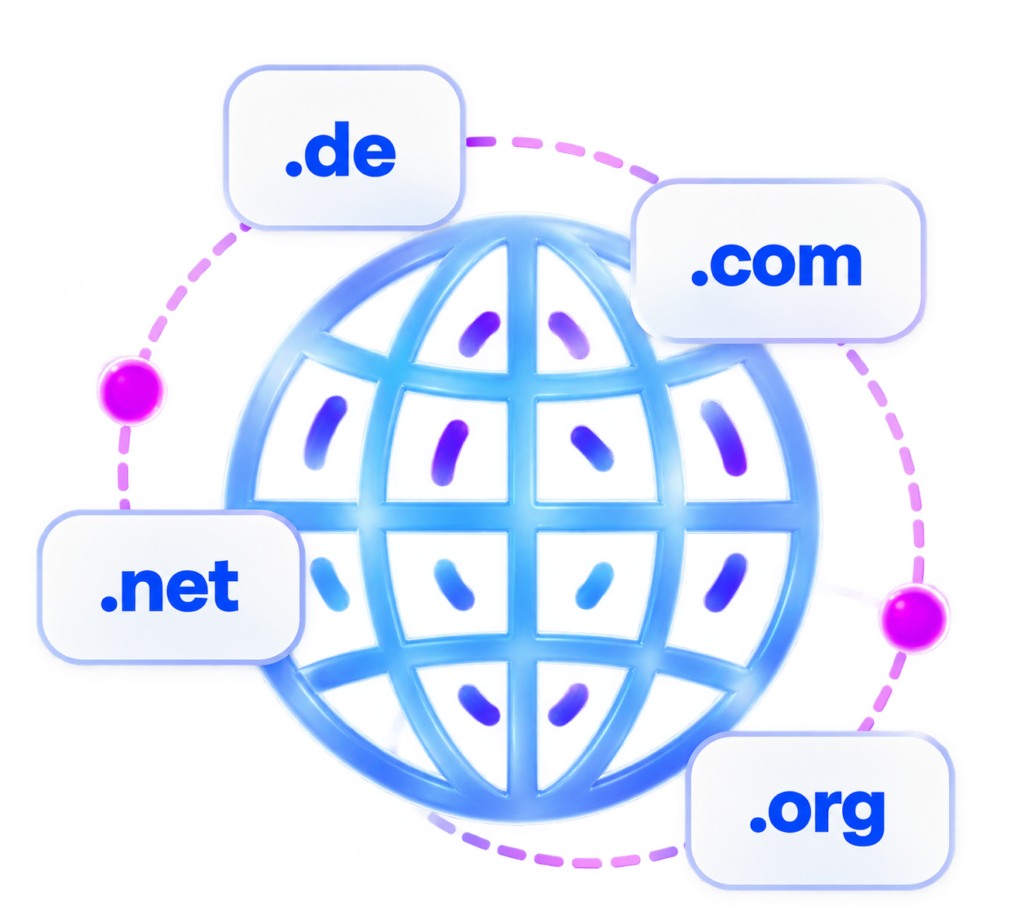 A stylized globe with labels for domain extensions: .de, .com, .net, .org, surrounded by network nodes.