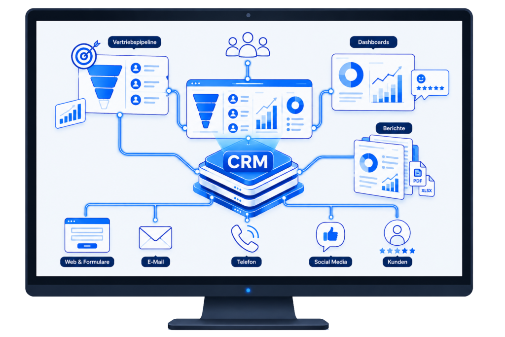 Monitor zeigt CRM-Dashboard mit OIT, Managed Services, Hosting, Programmierung, Grafiken und Vernetzungen für effizientes Kundenmanagement und IT-Lösungen.