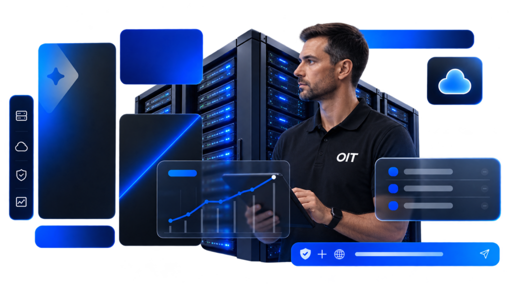 IT expert in front of servers and digital charts