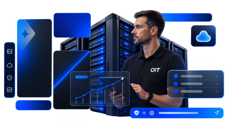 IT-Experte vor Servern und digitalen Diagrammen