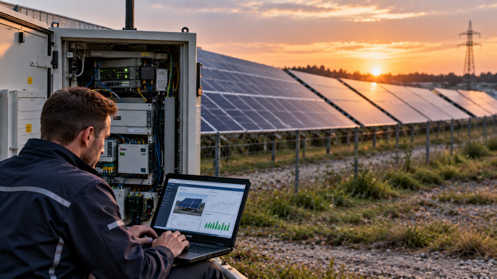 Ein Techniker mit Laptop wartet bei Sonnenuntergang eine Solaranlage im Freien, analysiert Daten und prüft elektronisches Equipment in einem offenen Schaltschrank.
