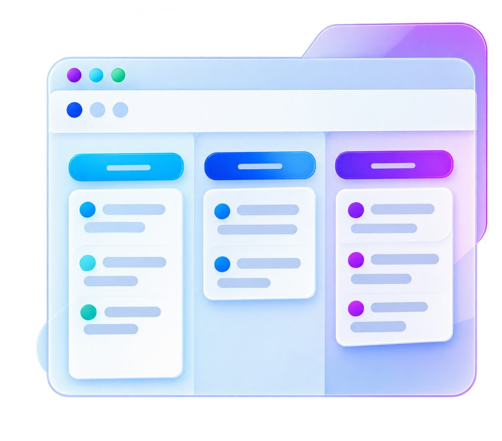 Illustration of a digital Kanban board with three columns and color-coded tasks in each column, displayed on a stylized computer screen.