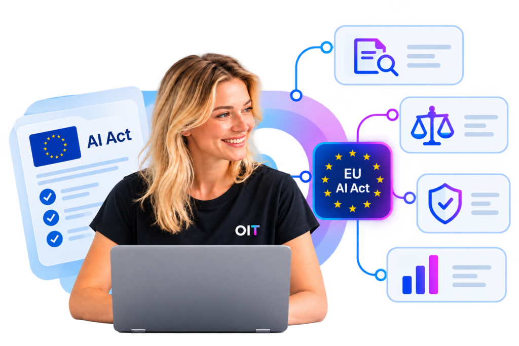 Junge Frau mit Laptop, umgeben von Symbolen und Dokumenten zum EU AI Act, illustriert Compliance, Datenschutz und rechtliche Anforderungen rund um Künstliche Intelligenz.