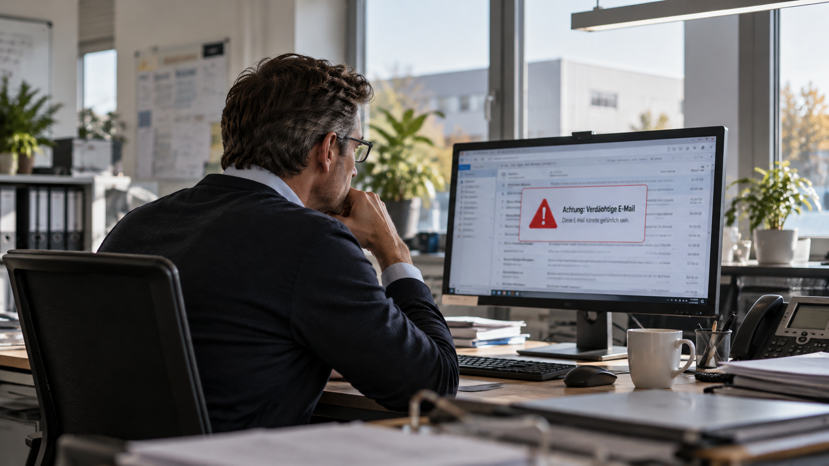 Mann sitzt im Büro am Schreibtisch und betrachtet seinen Computerbildschirm mit einer Warnmeldung über eine verdächtige E-Mail.