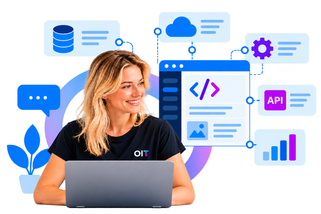 Frau am Laptop, umgeben von digitalen Symbolen wie Cloud, API, Datenbank, Code und Diagrammen, zeigt moderne Technologie und Softwareentwicklung.