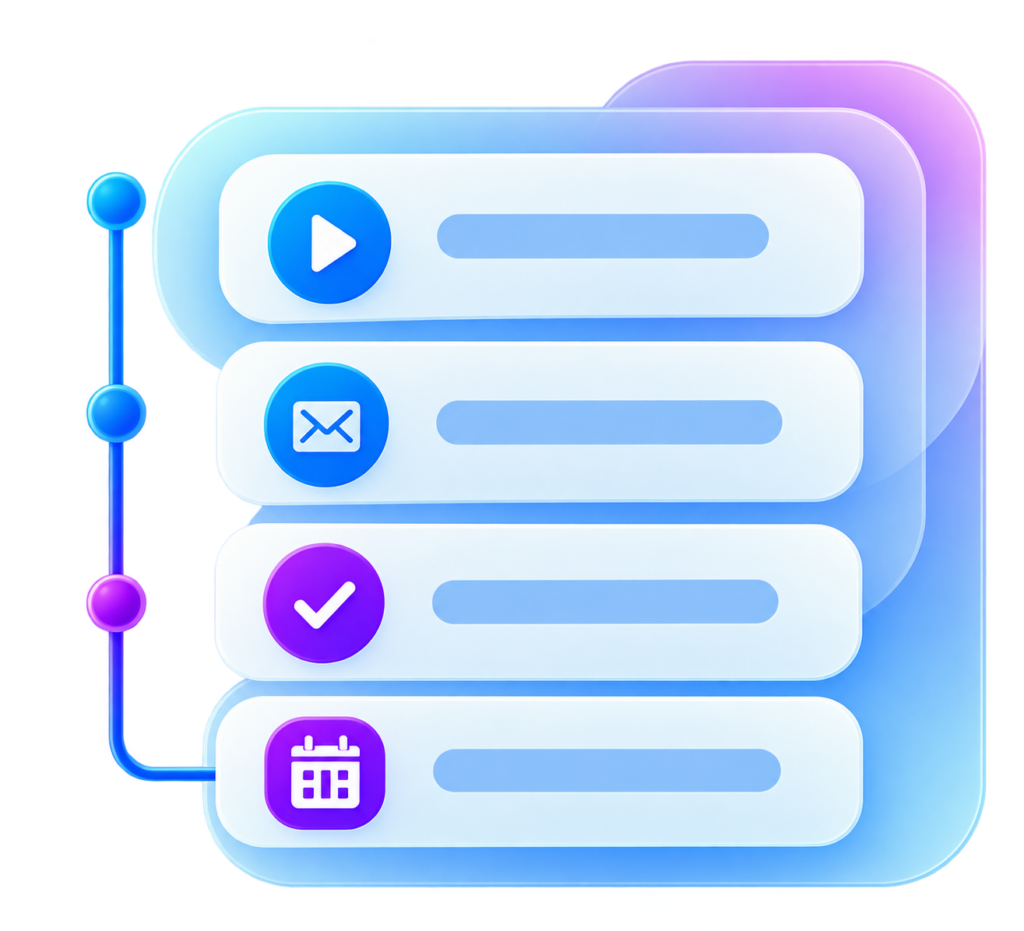 Four rectangular buttons with icons for Play, Email, Checkmark, and Calendar, connected by colored dots on the left side.