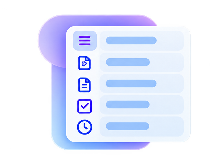 An abstract, symbolic illustration of a modern, glowing user interface featuring menu and list elements, as well as four icons: code, document, checkmark, and clock.