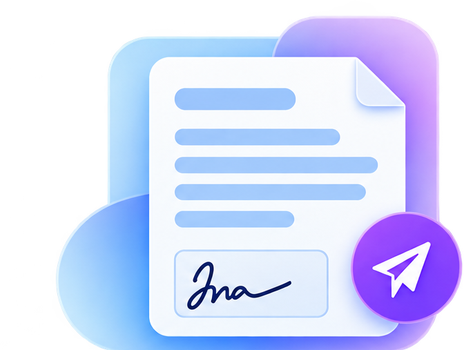Illustration of a digital document with a signature and a purple "Send" icon on an abstract blue-purple background.