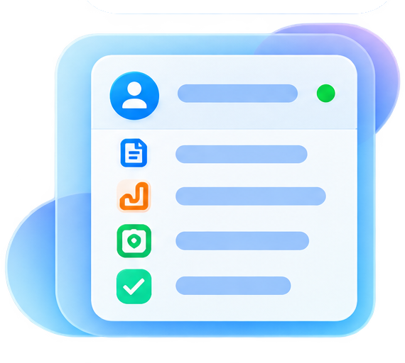 An abstract user interface featuring icons for "Document," "Review," "Security," and "Complete" on a digital map with blue and green accents.