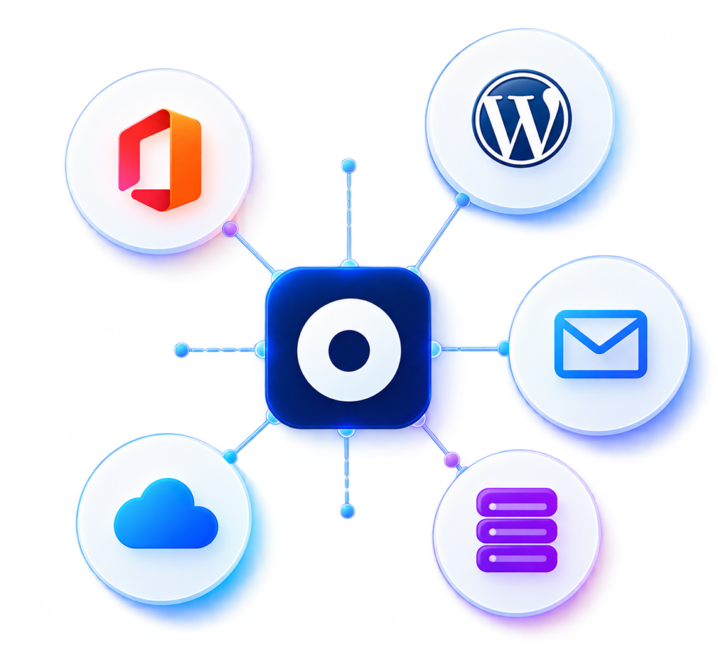 The central blue icon is connected by lines to symbols representing Office, WordPress, email, the cloud, and a database, illustrating the integration of various platforms.