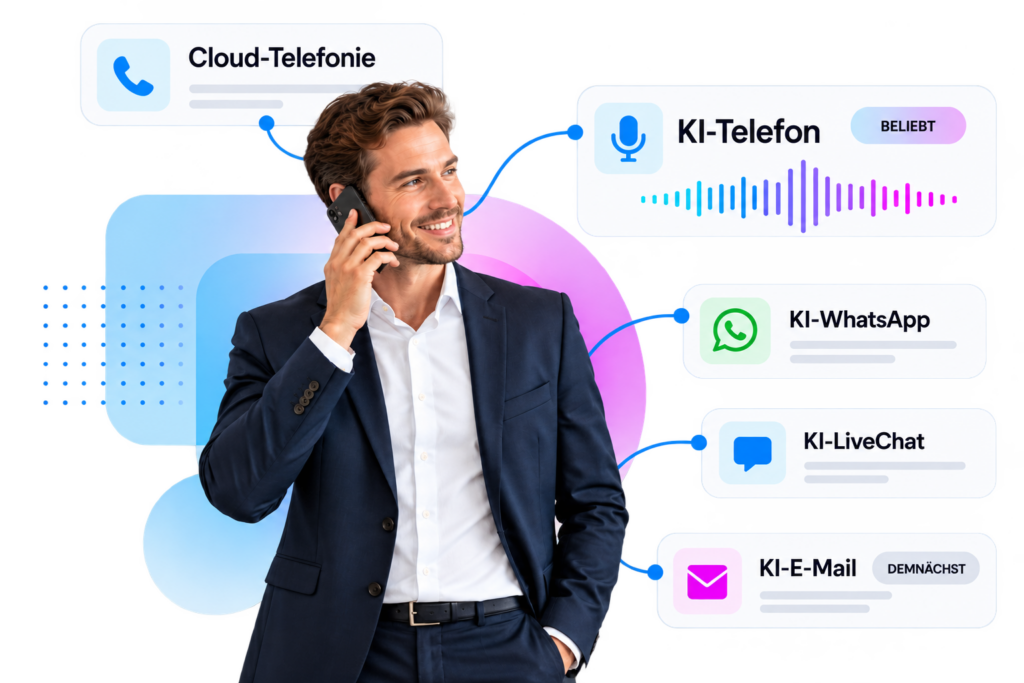 Businessman with icons for cloud telephony and AI phone